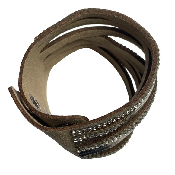 Wide Leather Cuff Bracelet Rhinestones Double Snap Closure Adjustable Fit u Fash - Picture 4 of 5